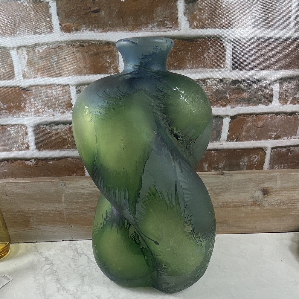 Green Blue Art Glass Vase – Swirl Pattern – Spain SD-62 – Decorative 13"